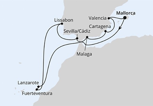 mapa AIDAdiva rejs Hiszpania, Portugalia i Wyspy Kanaryjskie