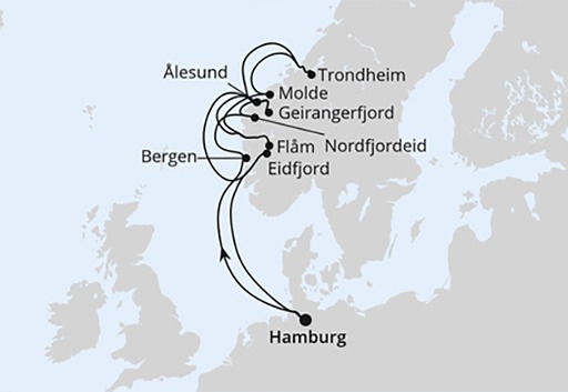 mapa AIDAprima rejs Norweskie Fiordy z Trondheim i Geiranger