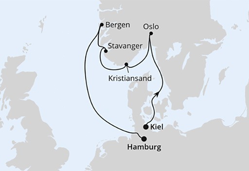 mapa AIDAnova rejs Południowa Norwegia