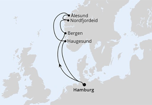 mapa AIDAperla rejs Norwegia z Hamburga