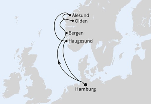 mapa AIDAperla rejs Norwegia z Hamburga