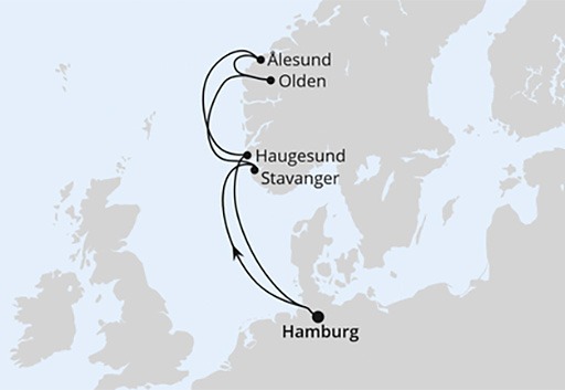 mapa AIDAperla rejs Norwegia z Hamburga