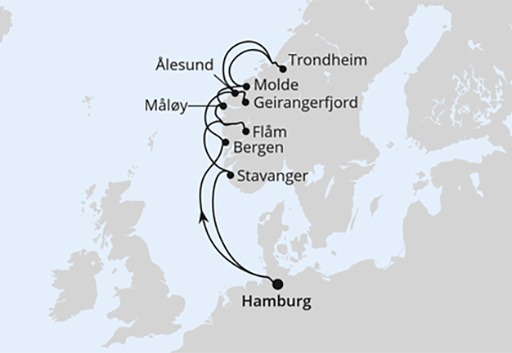 mapa AIDAprima rejs Norweskie Fiordy z Geiranger i Trondheim