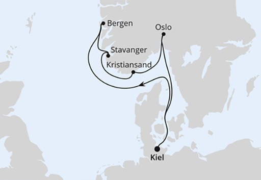 mapa AIDAprima rejs Południowa Norwegia z Kilonii