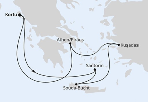 mapa AIDAblu rejs Grecja z Korfu